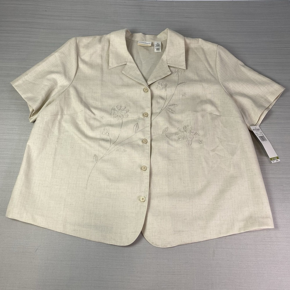 Alfred Dunner Button‎ Up Blouse Women's 22W Beige Floral Short Sleeve NWT